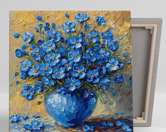 Forget-Me-Not Wall Art, Canvas or Poster, Floral Impressionism Decor, Living Room Bedroom Dining Entryway Wall Art, Blue Gold White Green