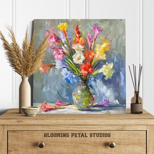 Gladiolus Wall Art, Canvas or Poster, Floral Impressionism Decor, Living Room Bedroom Dining Room Sunroom Wall Art, Pink Yellow Blue White image 8