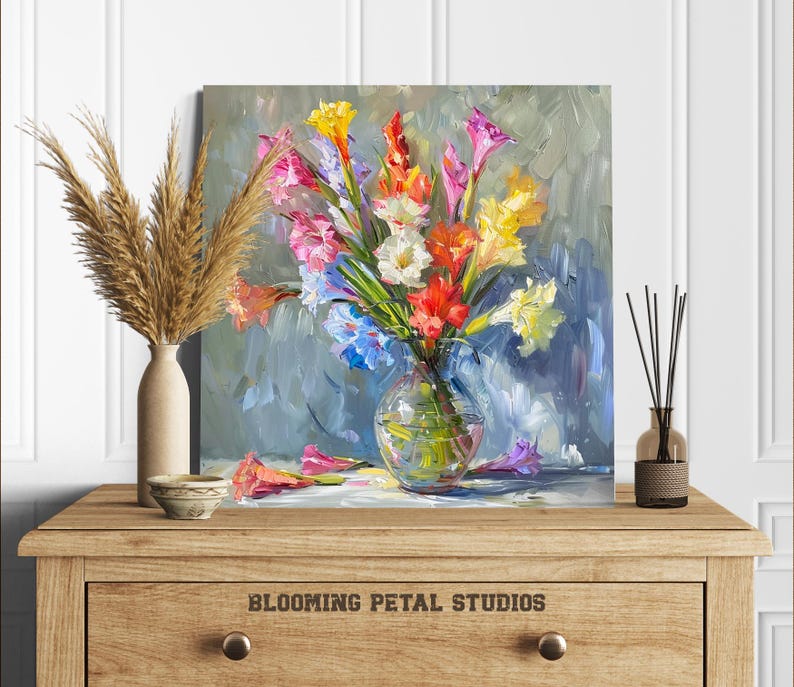 Gladiolus Wall Art, Canvas or Poster, Floral Impressionism Decor, Living Room Bedroom Dining Room Sunroom Wall Art, Pink Yellow Blue White image 8