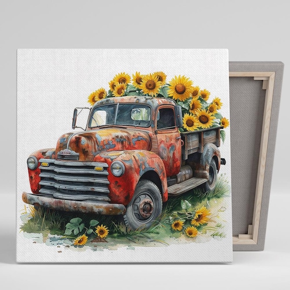 Sunflower Vintage Truck Wall Art, Canvas or Poster, Rustic