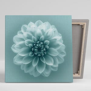 Dahlia Art, Canvas or Poster, Floral Minimalist Decor, Living Room Bedroom Office Bathroom Wall Art, Teal White Blue Turquoise Home Decor