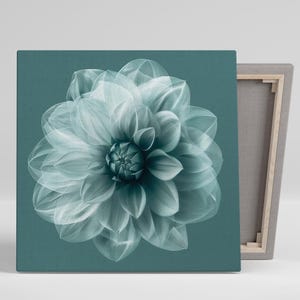 Dahlia Art, Canvas or Poster, Floral Minimalist Decor, Modern Living Room Bedroom Office Bathroom Wall Art, Teal White Green Turquoise