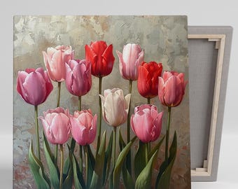 Tulip Wall Art, Canvas or Poster, Floral Rustic Decor, Shabby Chic Living Room Bedroom Dining Room Entryway Wall Art, Pink Red Green White