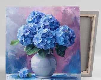 Hydrangea Wall Art, Canvas or Poster, Floral Still Life Decor, Living Room Bedroom Dining Room Entryway Wall Art, Blue White Green Purple