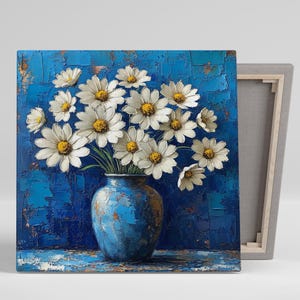 Arte de pared con margaritas, lienzo o póster, decoración rústica floral, arte de pared estilo granja shabby chic, sala de estar, dormitorio, entrada, azul, blanco, amarillo y marrón