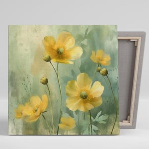 Buttercup Art, Canvas or Poster, Floral Farmhouse Decor, Living Room Bedroom Dining Office Wall Art, Yellow Green Gold Impressionist Print
