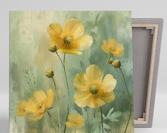 Puede incluir: Una pintura de acuarela de flores amarillas con tallos y hojas verdes sobre un fondo verde claro y marrón.