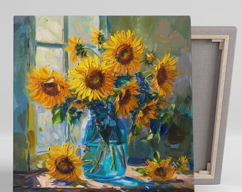 Sunflower Art, Canvas or Poster, Floral Impressionism Farmhouse Decor, Living Room Bedroom Dining Room Wall Art, Yellow Blue Green Brown
