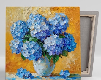 Hydrangea Wall Art, Canvas or Poster, Floral Contemporary Decor, Living Room Bedroom Dining Room Entryway Wall Art, Blue Yellow Green White