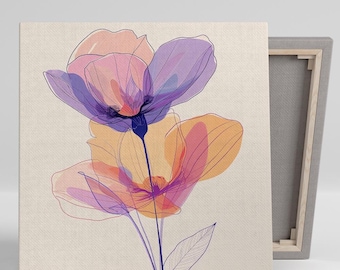 Poppy Art, Canvas or Poster, Contemporary Minimalist Decor, Living Room Bedroom Office Nursery Floral Wall Art, Purple Pink Orange Yellow