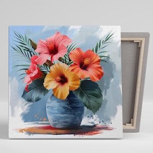 Hibiscus Wall Art, Canvas or Poster, Tropical Bohemian Coastal Decor, Living Room Bedroom Dining Sunroom Wall Art, Pink Orange Yellow Blue
