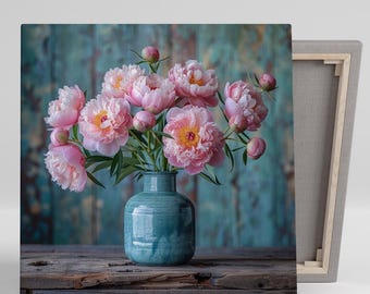 Peony Art, Canvas or Poster, Floral Shabby Chic Decor, Living Room Bedroom Dining Room Wall Art, Pink Blue Green White Still Life Decor
