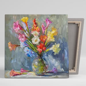 Gladiolus Wall Art, Canvas or Poster, Floral Impressionism Decor, Living Room Bedroom Dining Room Sunroom Wall Art, Pink Yellow Blue White image 1