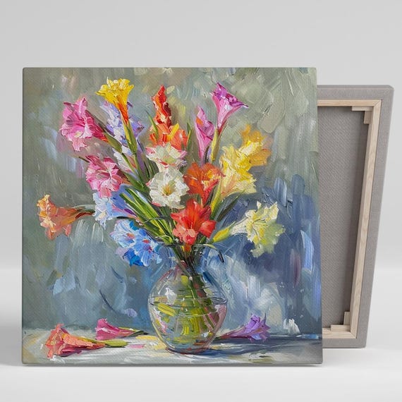 Gladiolus Wall Art, Canvas or Poster, Floral Impressionism Decor, Living Room Bedroom Dining Room Sunroom Wall Art, Pink Yellow Blue White