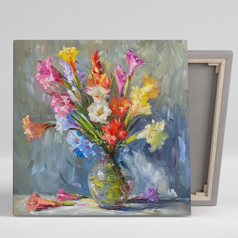 Gladiolus Wall Art, Canvas or Poster, Floral Impressionism Decor, Living Room Bedroom Dining Room Sunroom Wall Art, Pink Yellow Blue White image 1