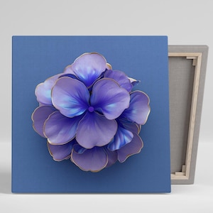 May include: A purple flower with gold accents on a blue background. The flower is made of paper and has a 3D effect.
