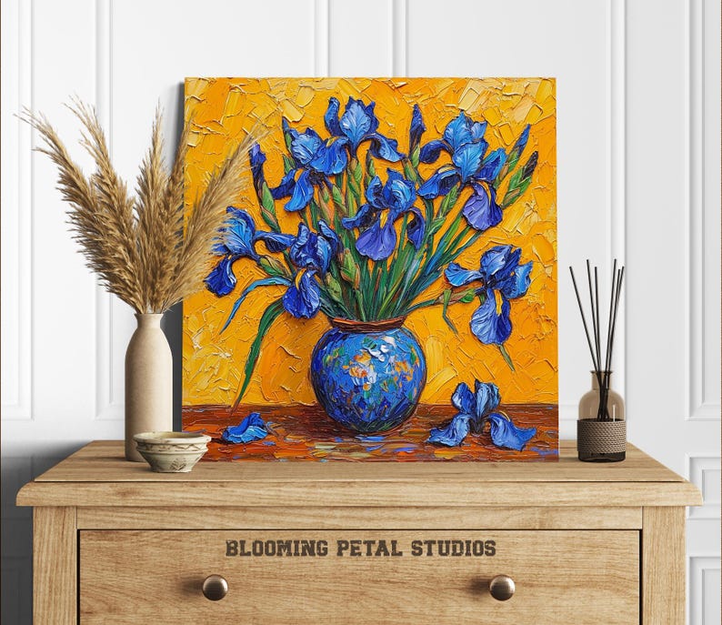 Iris Wall Art, Canvas or Poster, Impressionism Floral Decor, Living Room Bedroom Dining Room Office Wall Art, Blue Yellow Orange Green image 8
