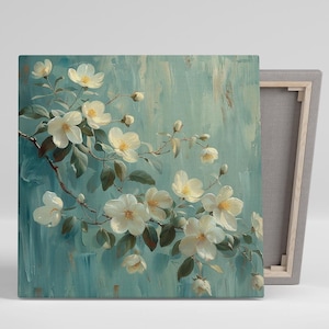 Jasmine Art, Canvas or Poster, Floral Contemporary Decor, Living Room Bedroom Dining Office Art, White Green Teal Beige Ethereal Blossoms