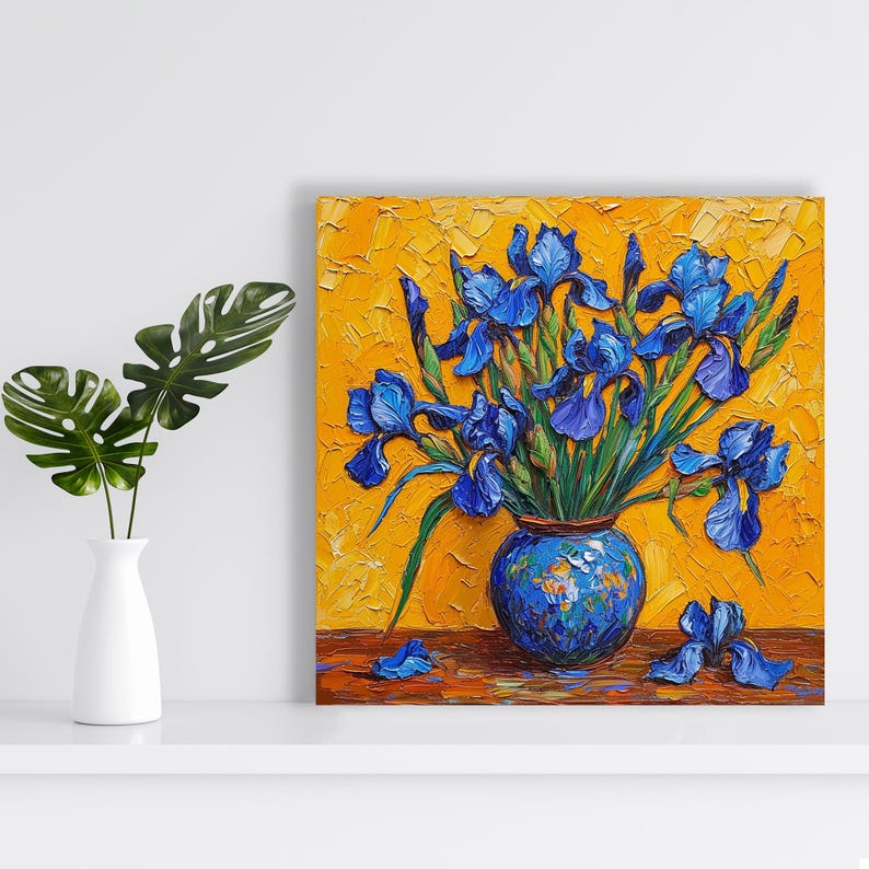 Iris Wall Art, Canvas or Poster, Impressionism Floral Decor, Living Room Bedroom Dining Room Office Wall Art, Blue Yellow Orange Green image 6