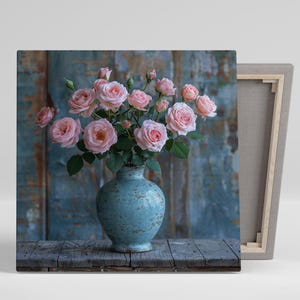 Rose Art, Canvas or Poster, Floral Shabby Chic Decor, Living Room Bedroom Dining Entryway, Pink Blue Green White Vintage Charm, Rose Decor