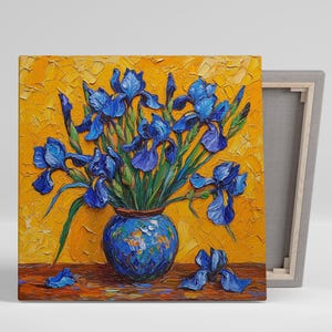Iris Wall Art, Canvas or Poster, Impressionism Floral Decor, Living Room Bedroom Dining Room Office Wall Art, Blue Yellow Orange Green image 1