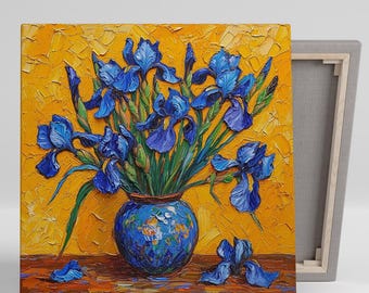 Iris Wall Art, Canvas or Poster, Impressionism Floral Decor, Living Room Bedroom Dining Room Office Wall Art, Blue Yellow Orange Green