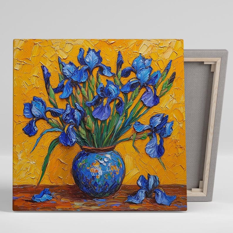 Iris Wall Art, Canvas or Poster, Impressionism Floral Decor, Living Room Bedroom Dining Room Office Wall Art, Blue Yellow Orange Green image 1