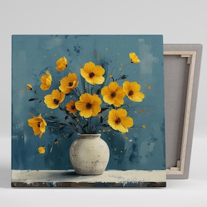 Buttercup Art, Canvas or Poster, Contemporary Floral Decor, Living Room Bedroom Dining Office Wall Art, Yellow Blue Green Bright Sunshine