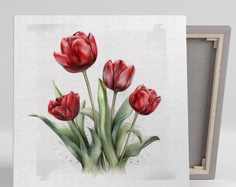 Tulip Wall Art, Canvas or Poster, Floral Rustic Decor, Living Room Bedroom Dining Room Wall Art, Red Green White Elegant Still Life Print