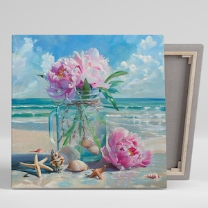 Pfingstrose Kunst, Leinwand oder Poster, Küstenblumendekor, Badezimmer Schlafzimmer Wohnzimmer Esszimmer Wandkunst, Rosa Blau Grün Türkis, Pfingstrose Dekor