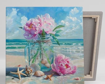 Peony Art, Canvas or Poster, Coastal Floral Decor, Bathroom Bedroom Living Room Dining Room Wall Art, Pink Blue Green Turquoise, Peony Decor