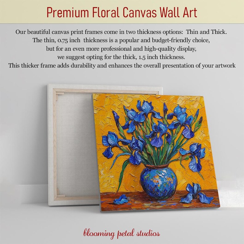 Iris Wall Art, Canvas or Poster, Impressionism Floral Decor, Living Room Bedroom Dining Room Office Wall Art, Blue Yellow Orange Green image 3