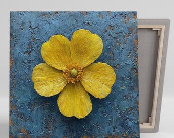 Buttercup Art, Canvas or Poster, Floral Modern Decor, Living Room Bedroom Office Entryway Wall Art, Yellow Blue Gold Teal Still Life Art