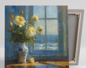 May include: A painting of a vase of white roses in front of a window with a view of the ocean. The vase is blue and white with a floral pattern. The roses are in bloom and have green leaves. The window is blue and has white trim. The ocean is blue and has white waves.
