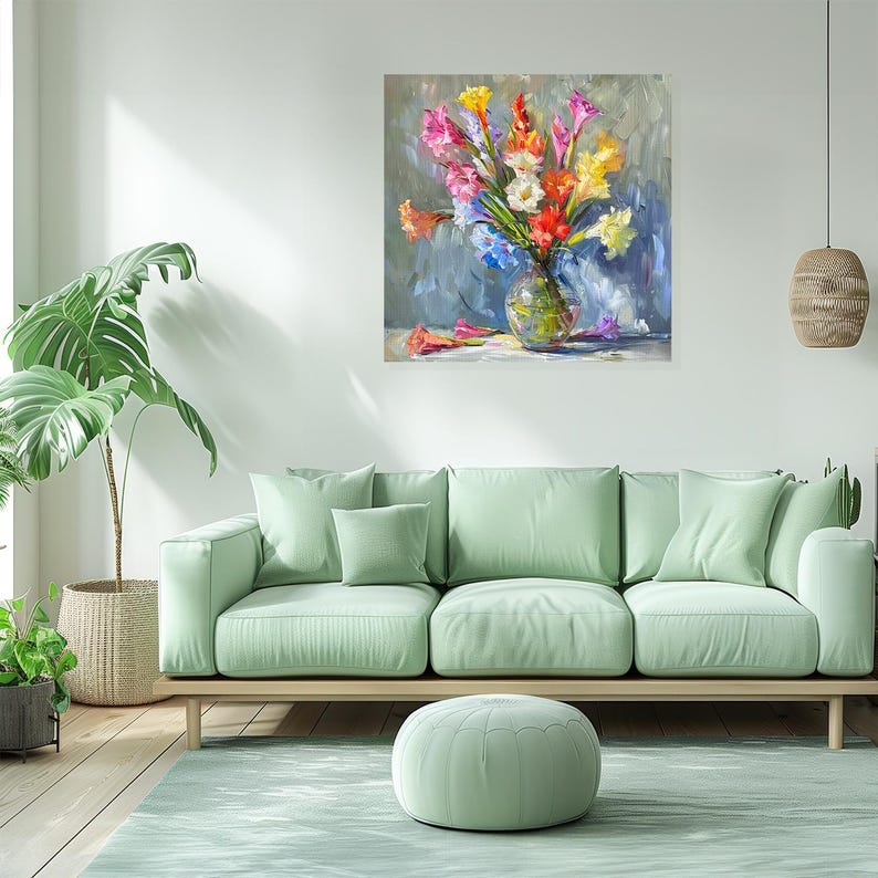 Gladiolus Wall Art, Canvas or Poster, Floral Impressionism Decor, Living Room Bedroom Dining Room Sunroom Wall Art, Pink Yellow Blue White image 7