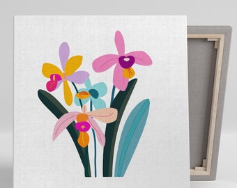 Orchid Art, Canvas or Poster, Floral Minimalist Decor, Living Room Bedroom Office Nursery Wall Art, Pink Yellow Purple Green Abstract Design