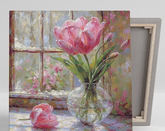 Tulip Art, Canvas or Poster, Floral Impressionism Decor, Living Room Bedroom Sunroom Entryway Wall Art, Pink Green White Beige, Tulip Decor