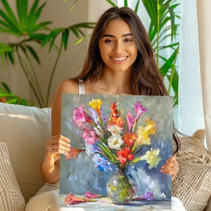Gladiolus Wall Art, Canvas or Poster, Floral Impressionism Decor, Living Room Bedroom Dining Room Sunroom Wall Art, Pink Yellow Blue White image 2
