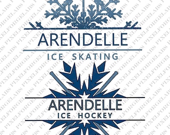 May include: Blue and white graphic design featuring a snowflake and the word "ARENDELLE" above "ICE SKATING". Below, a similar design with "ARENDELLE" and "ICE HOCKEY" with hockey sticks.