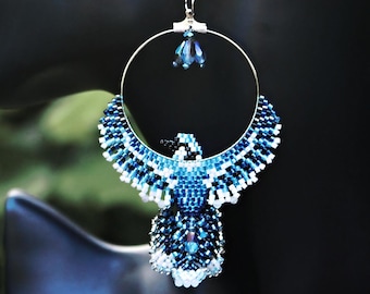 Blue Jay Moonstone Earrings, Beaded Fringe, Boho Bird Jewelry
