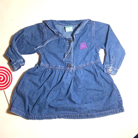 denim dress 3t vtg 80s kids DENIM DRESS : vintage size 3T toddler SPROCKETS 90s Belted  Long Sleeve Dress