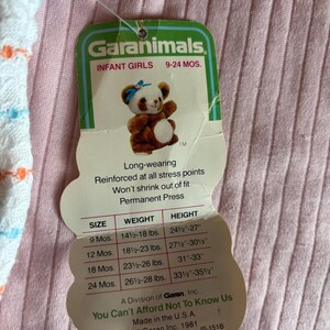 K&ouml;nnte beinhalten: Ein Garanimals-Etikett f&uuml;r Babykleidung f&uuml;r M&auml;dchen mit einem Cartoon-Panda mit einer blauen Schleife. Das Etikett enth&auml;lt Gr&ouml;&szlig;en-, Gewichts- und H&ouml;henangaben f&uuml;r Babys im Alter von 9-24 Monaten. Auf dem Etikett steht auch "You Can't Afford Not To Know Us."