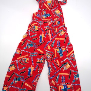 Vtg 70s Corduroy Overalls, size 2 T Abstract Skateboarder Print Red Bodysuit, Made in Japan
