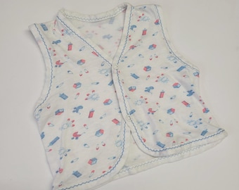 VTG 50s BABY TOP // Camisa vintage para bebé de 12 meses con estampado de arte pop en colores pastel, botones a presión, bloques y juguetes de Pascua, primavera