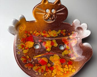 vtg 70s PSYCHEDELIC Ceramic CAT Wall Art : Orange Cat Hot Dish Spoon Ladel Holder Soap Tray Retro Kitty Pottery