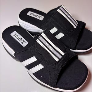 vtg 90s CHUNKY SLIP ONS // vintage 6.5 womens mudd platform summer autumn wedge sandals black white striped adidas style retro grunge raver