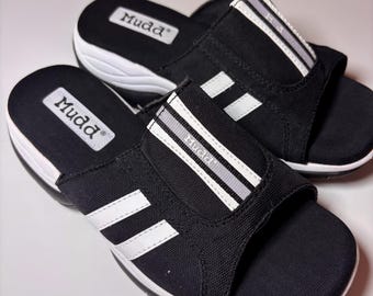 vtg 90s CHUNKY SLIP ONS // vintage 6.5 womens mudd platform summer autumn wedge sandals black white striped adidas style retro grunge raver