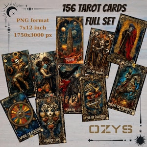 Cartas de tarô, conjunto completo de arcanos menores maiores, baralho de tarô PNG, cartas de tarô para impressão, cartas místicas de astrologia oracle, fantasia sombria, festa de tarô