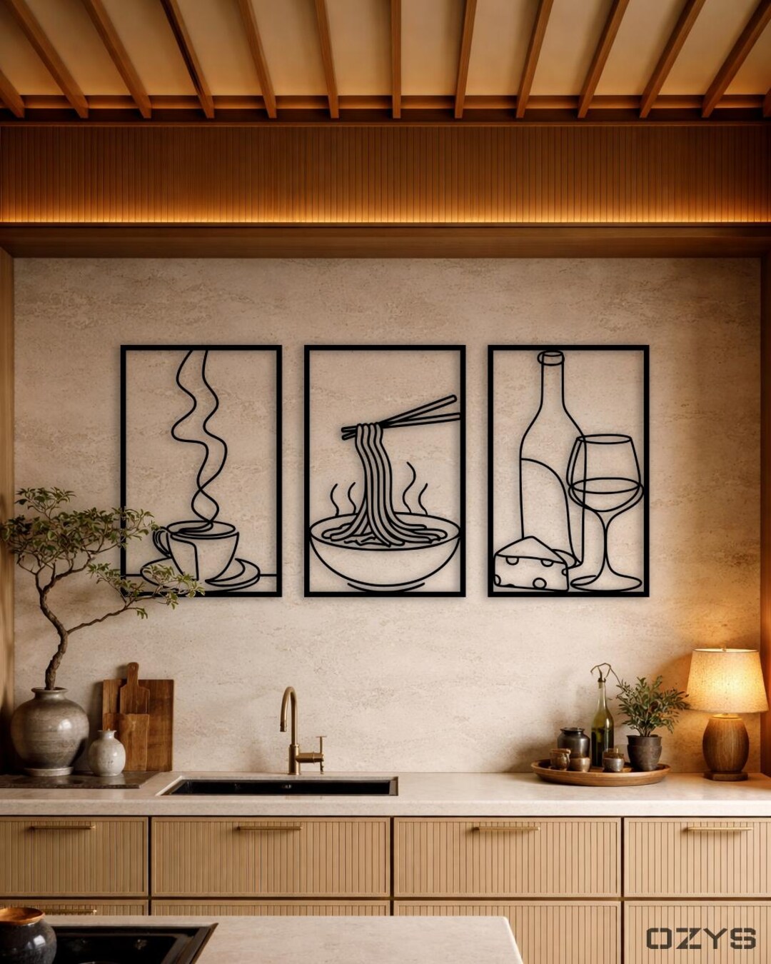 Picture of Kitchen Metal Modern Wall Art | Minimalist Coffee Ramen Wine Line ...