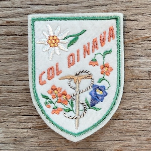 May include: Embroidered patch with a white background, green border, and the words "COL DINAVA" in orange. The patch features a white flower, orange and blue flowers, and a climbing axe.